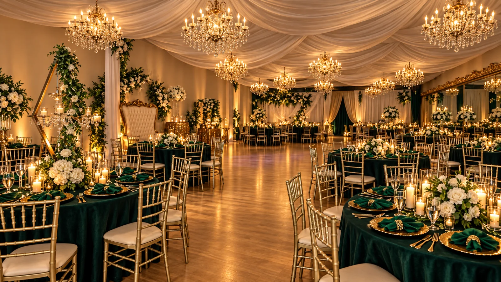 Emerald and gold reception styling at Nencini Ballroom