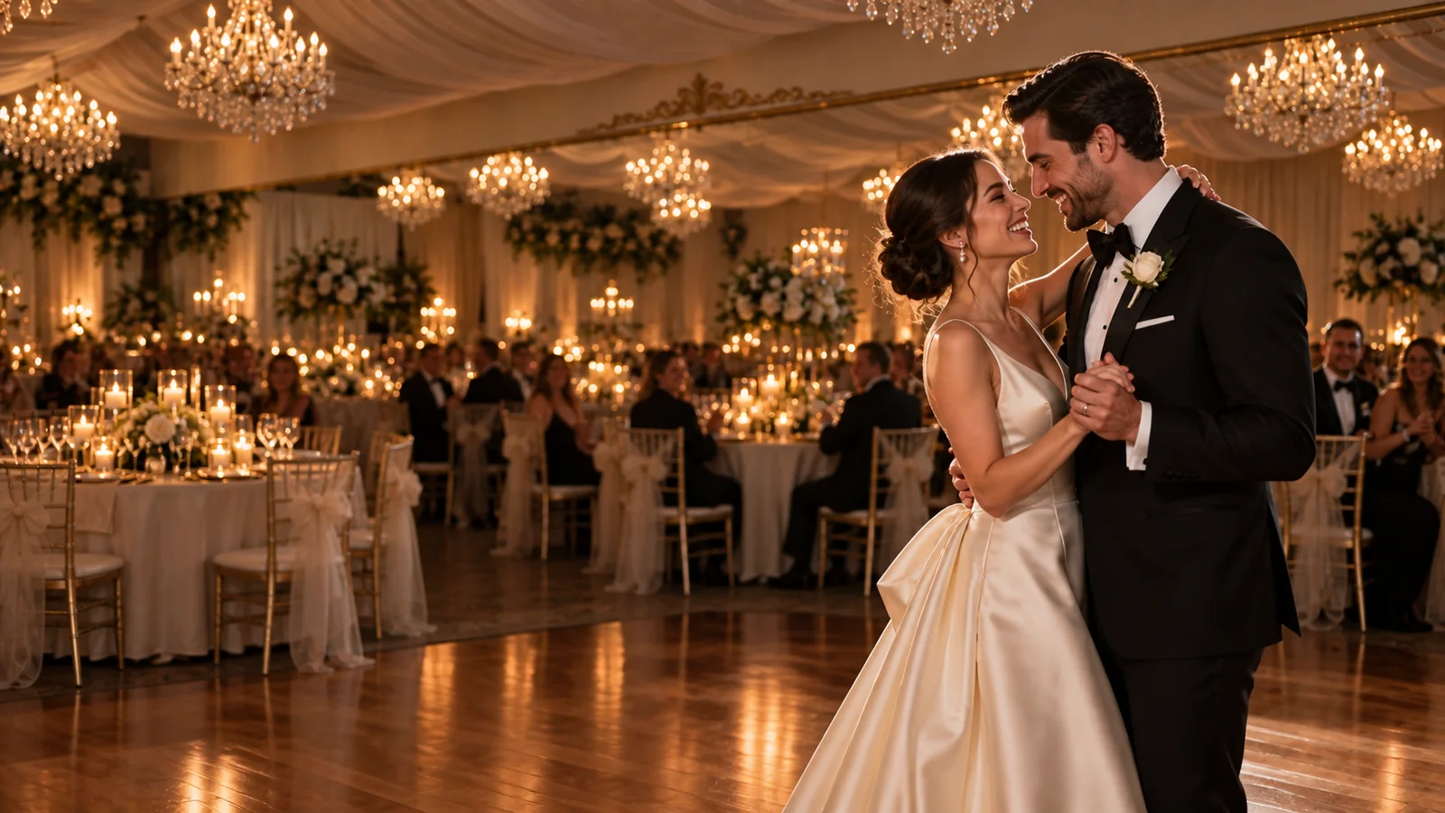 A couple sharing a candlelit first dance inside Nencini Ballroom
