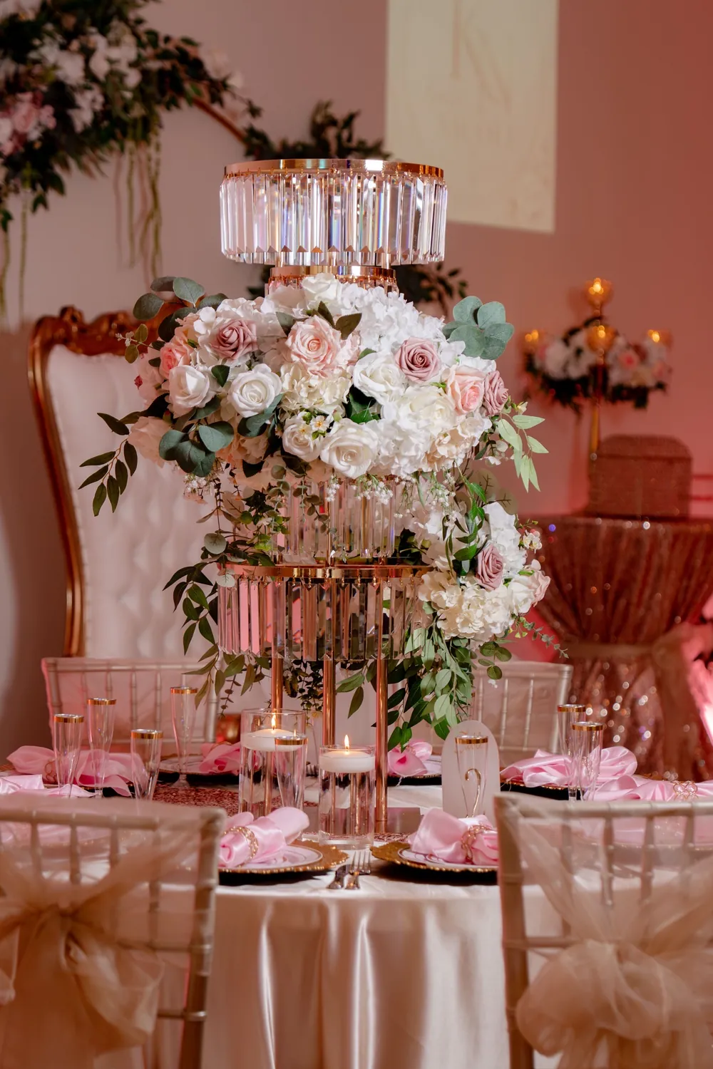 Rose florals and crystal wedding table detail at Nencini Ballroom