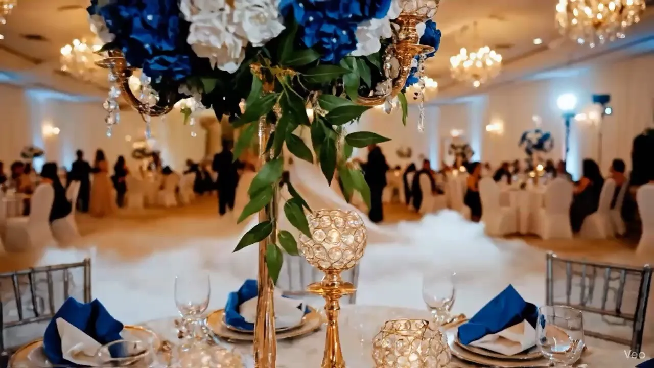 Nencini Ballroom dance floor setup with blue florals, chandelier lighting, and guest tables from the Venue shared album