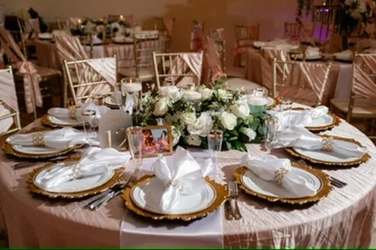Mesa redonda de invitados con centro floral blanco, bajoplatos dorados, servilletas dobladas y detalle de foto familiar en Nencini Ballroom