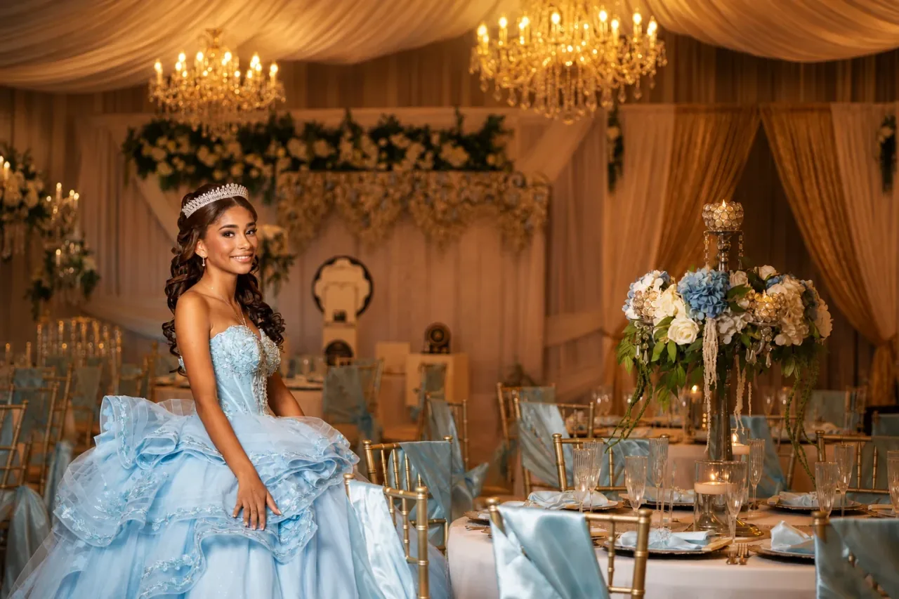 A smiling quinceañera in a blue gown at Nencini Ballroom