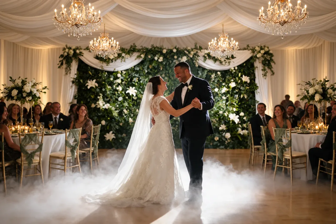 A wedding first dance beneath the ballroom chandeliers