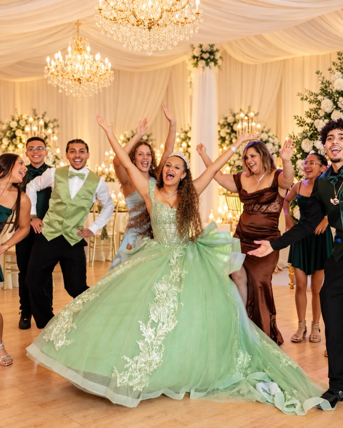 A quinceañera celebrating with her friends