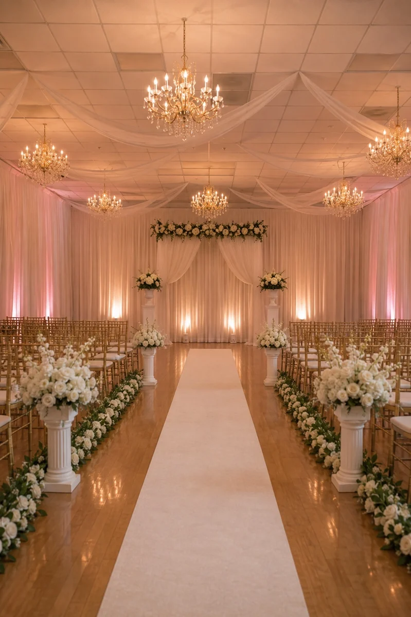 Ivory ceremony aisle beneath chandeliers and ceiling drapes